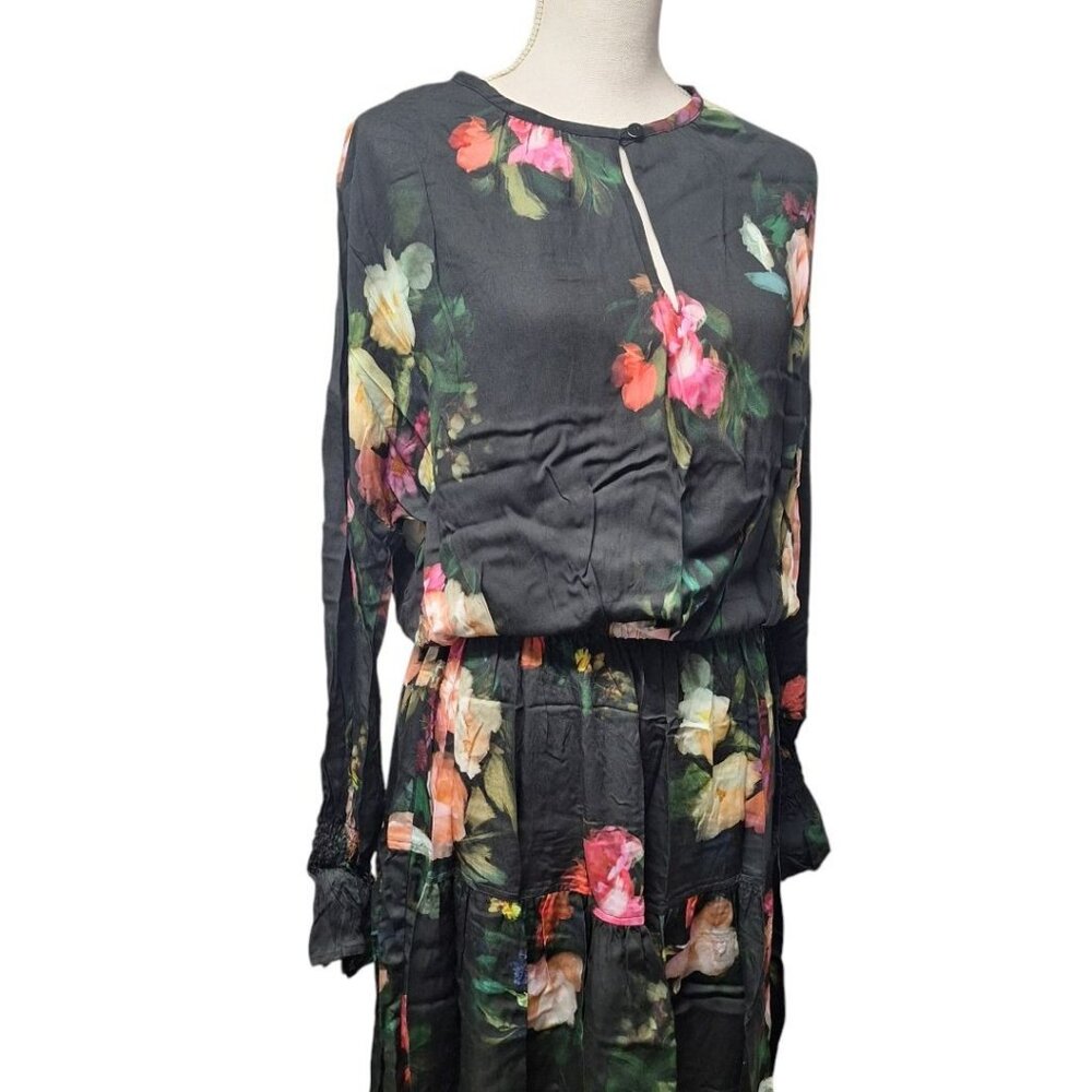 Finley Wrap Belt Dress Black Floral Long Sleeve Lightweight Women Small Tie Wais - Picture 8 of 12